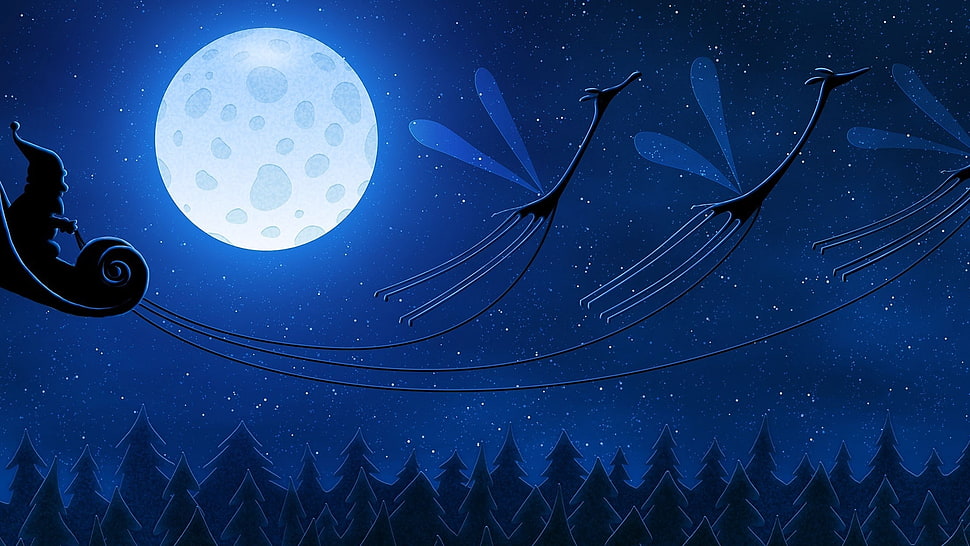 Santa Claus and reindeer flying during nighttime wallpaper HD wallpaper
