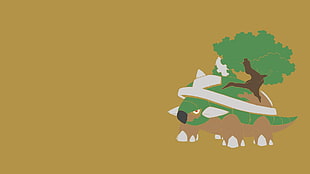 green and brown dinosaur with tree illustration, minimalism, artwork, Pokémon