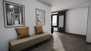 gray suede couch, room, Archviz, 3D, CGI HD wallpaper