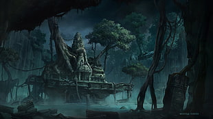 concrete ruins surrounded with trees and body of water wallpaper, temple, jungle, fantasy art, Michele Nucera