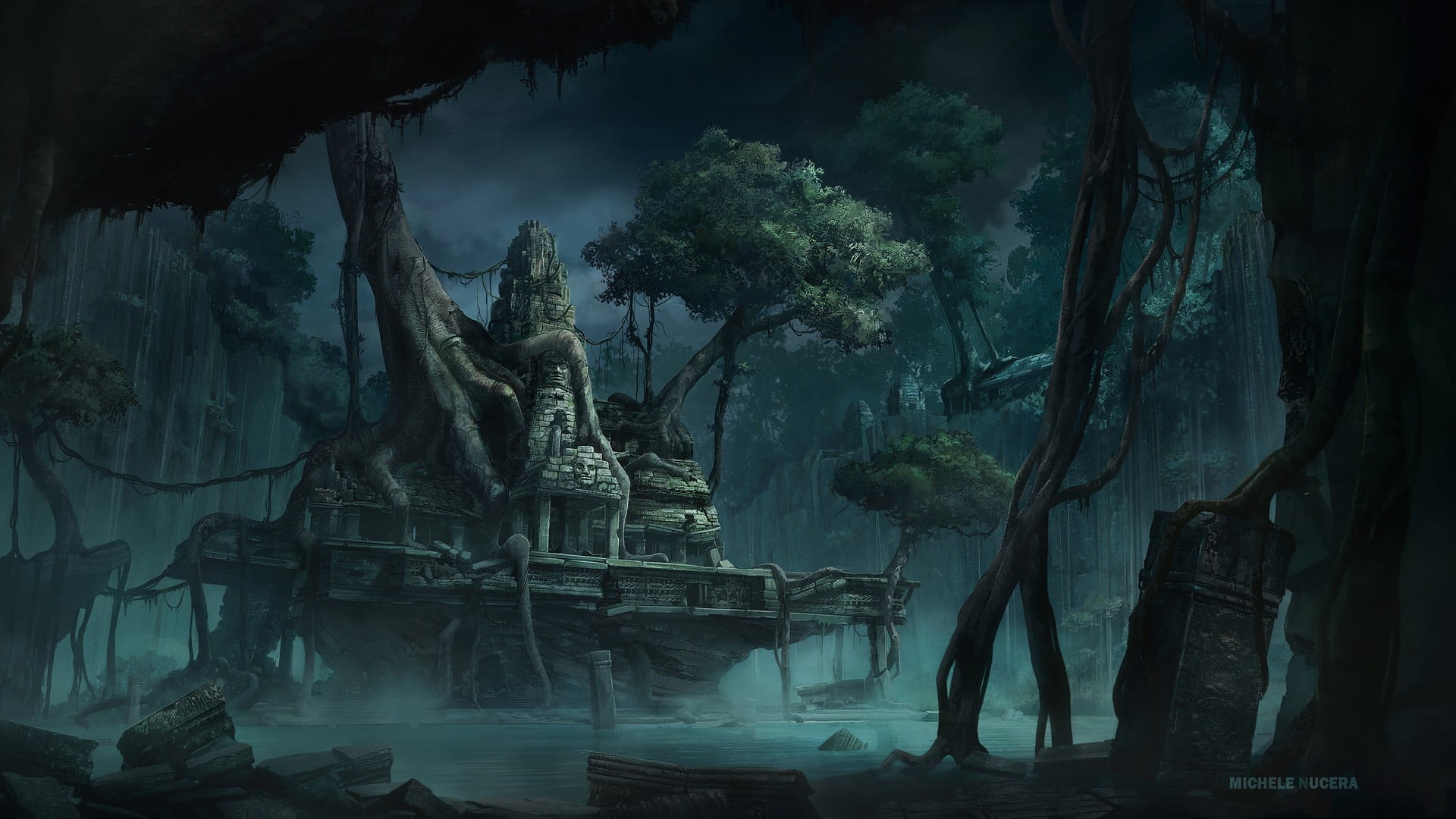 concrete ruins surrounded with trees and body of water wallpaper, temple, jungle, fantasy art, Michele Nucera