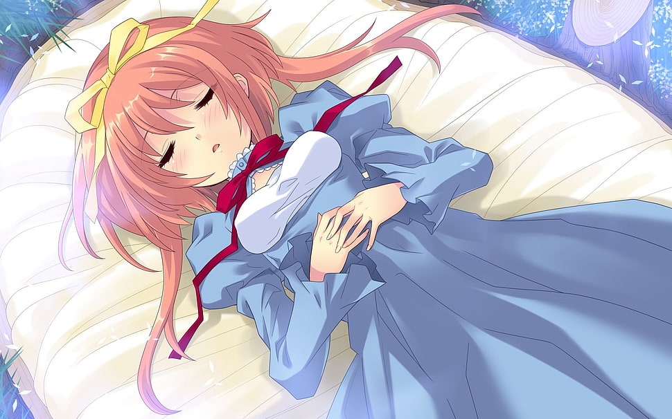 girl anime character sleeping on bed HD wallpaper