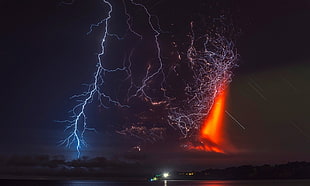 blue and white lightning, Calbuco Volcano, lightning, eruptions, volcano