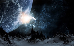 snow-covered mountain, space art, space, digital art, landscape