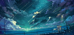 anime movie still, stars, sea, clouds, night