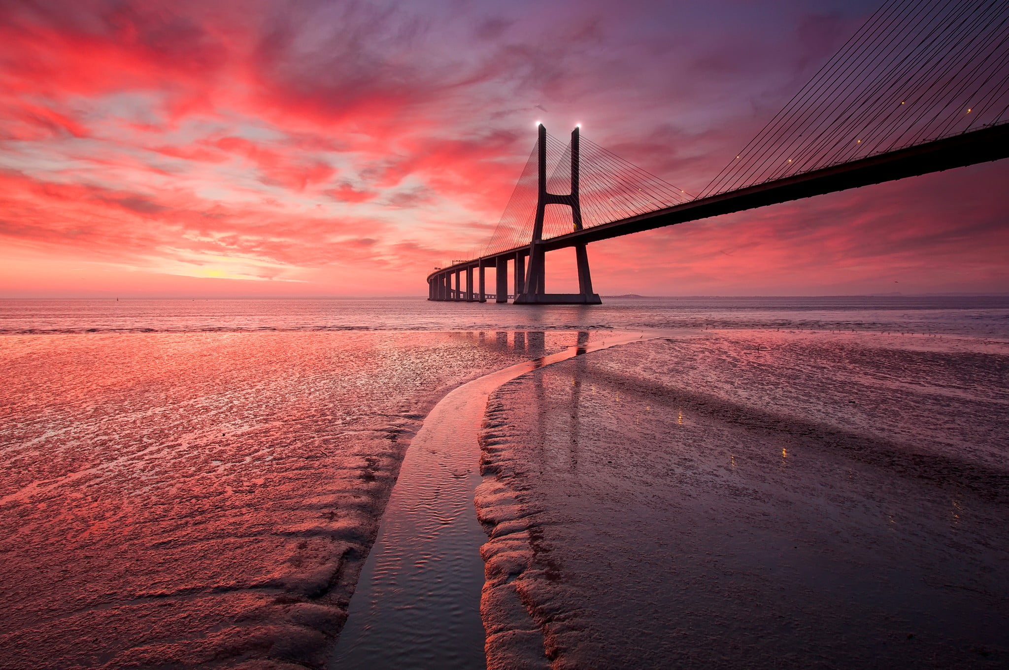 gray suspension bridge, bridge, sea