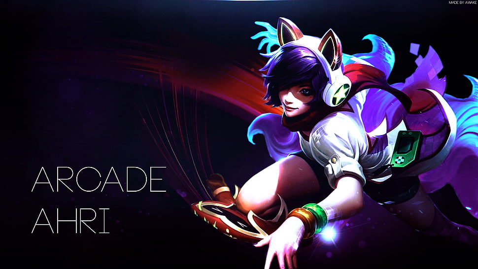 game character illustration with text overlay, Summoner's Rift, Hextech, Ahri (League of Legends), arcade  HD wallpaper