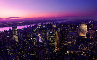 city buildings during night time, New York City, sunset, city, cityscape HD wallpaper