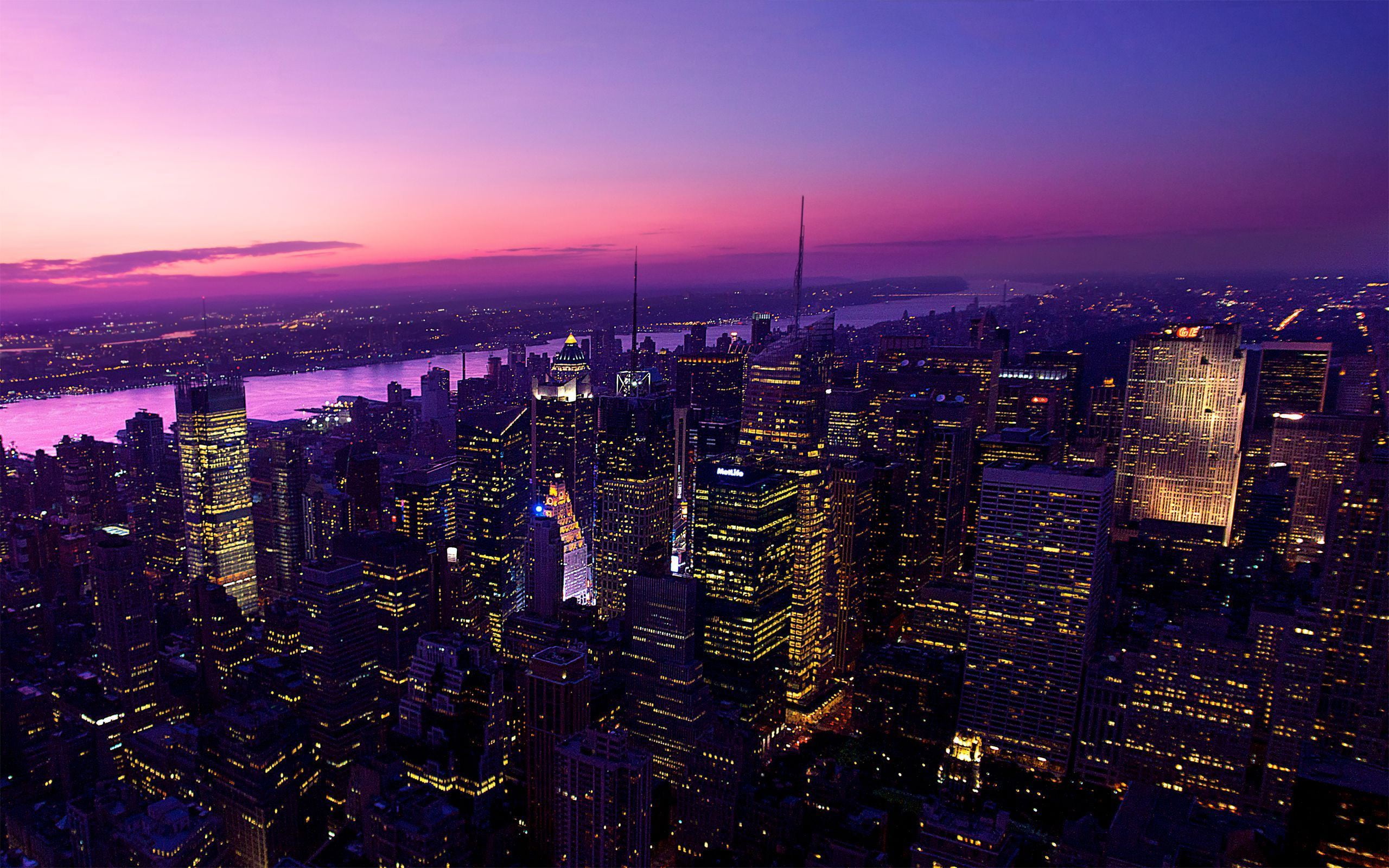 city buildings during night time, New York City, sunset, city, cityscape