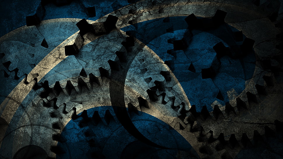 blue and white sprocket digital wallpaper, gears, machine, abstract, grunge HD wallpaper