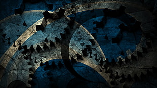 blue and white sprocket digital wallpaper, gears, machine, abstract, grunge