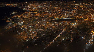 aerial photography of high-rise buildings at night, city, night, lights, aerial view