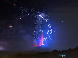 lighting strike, volcano, lightning, nature