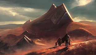 two man walking on desert digital wallpaper, artwork, fantasy art, concept art, desert