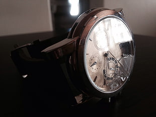 round silver-colored analog watch with black leather strap, time, watch
