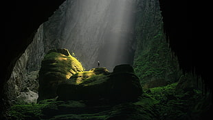 green mossy cave, nature, trees, cave, men HD wallpaper