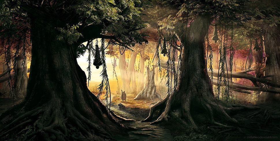 forest illustration, artwork, trees HD wallpaper