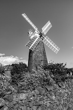 grayscale photography of windmill, oatlands, tasmania HD wallpaper