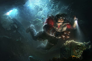 man holding flashlight swimming in body of water wallpaper, digital art, underwater