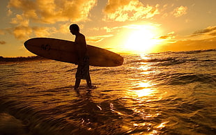 white surfboard, landscape, surfboards, sunset, men HD wallpaper