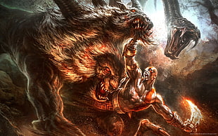 man fighting monsters digital wallpaper, digital art, fantasy art, artwork, ancient HD wallpaper