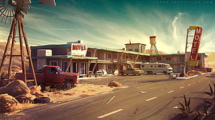 Motel building with abandoned vehicles digital wallpaper, artwork