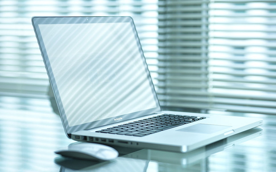 black and gray laptop computer with wireless mouse HD wallpaper