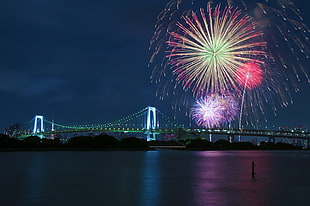 Boshporus Bridge, Turkey, fireworks, bridge, Rainbow Bridge, Tokyo HD wallpaper