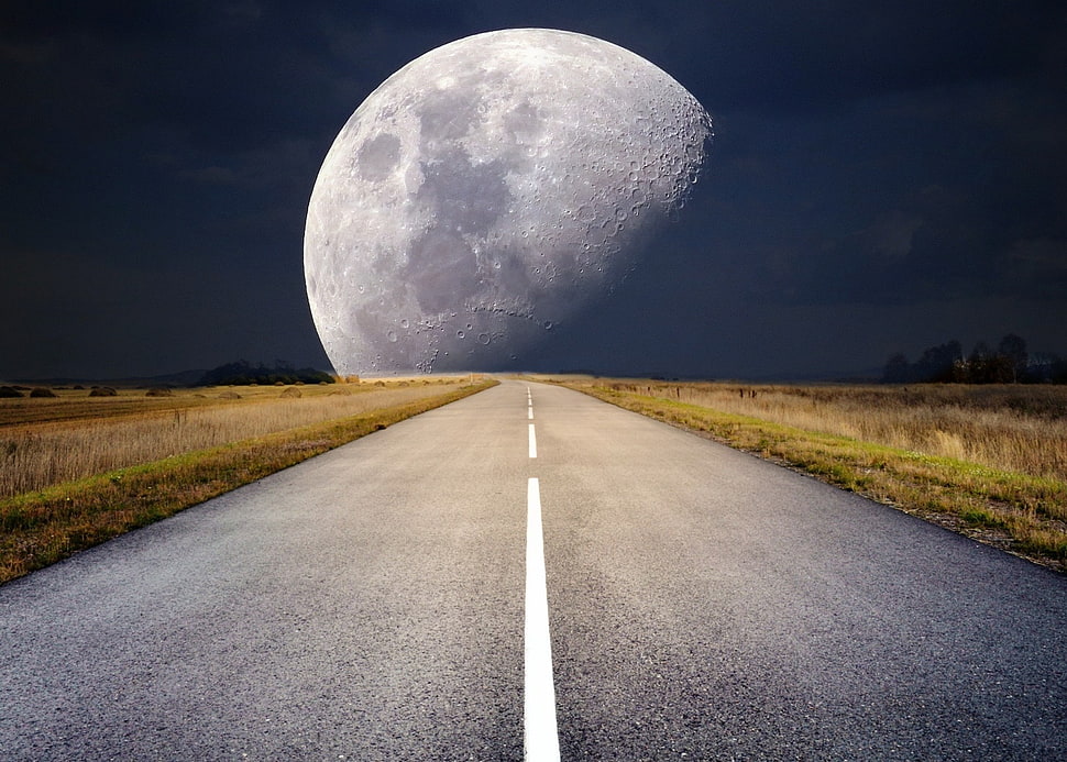 photo of roadway with moon as  background HD wallpaper