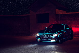 blue BMW 3-series headlights on