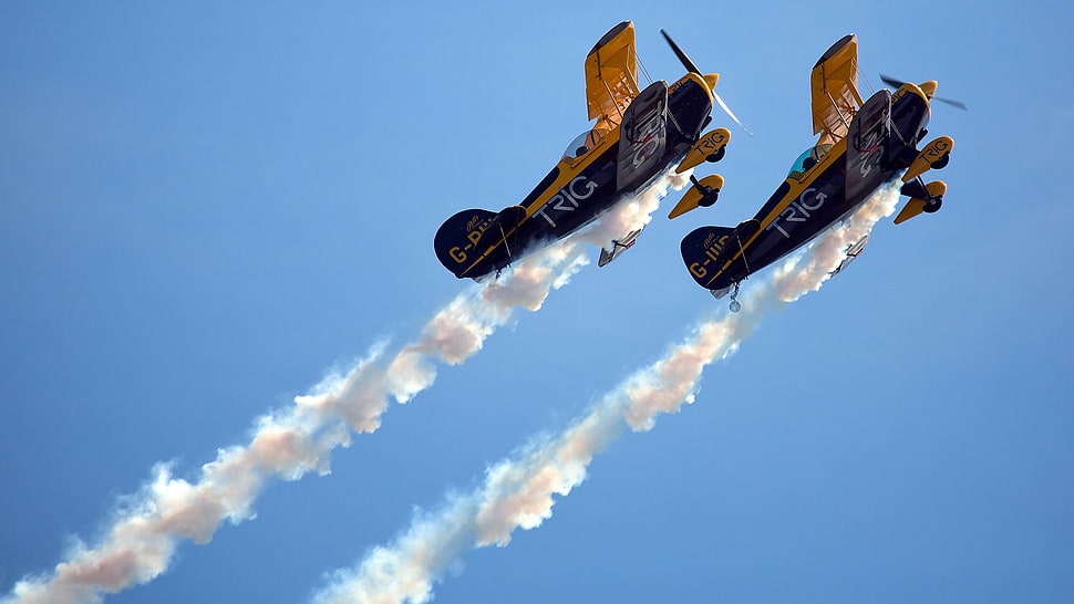 two black-and-brown bi-planes, airplane, sky HD wallpaper