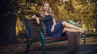 women's blue scoop-neck dress, women, model, women outdoors, sitting HD wallpaper