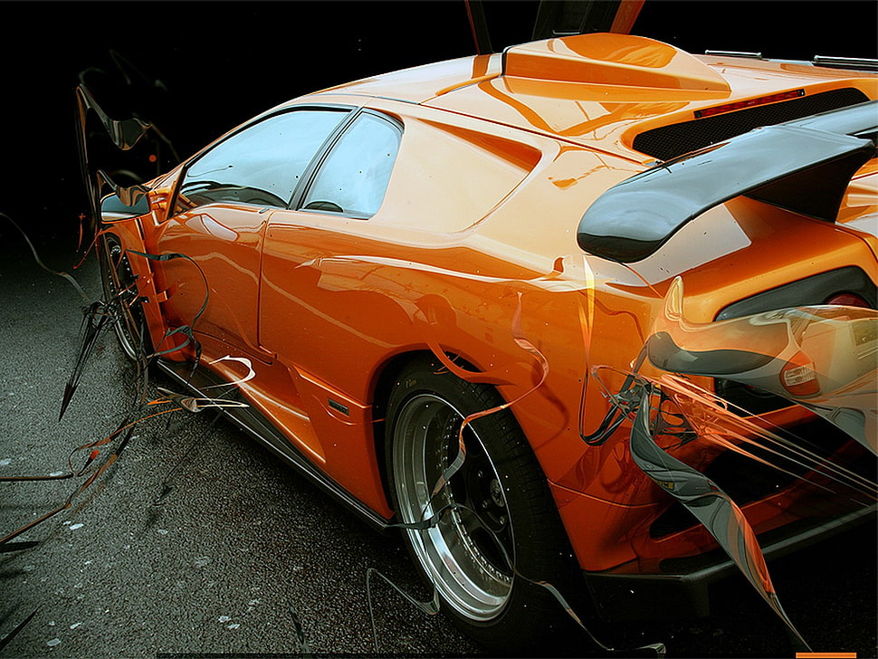 orange coupe, car, abstract, digital art, orange cars HD wallpaper