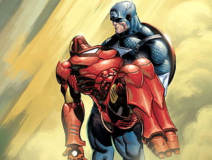 Captain America carrying Iron Man painting, Marvel Comics, movies, Iron Man, Captain America