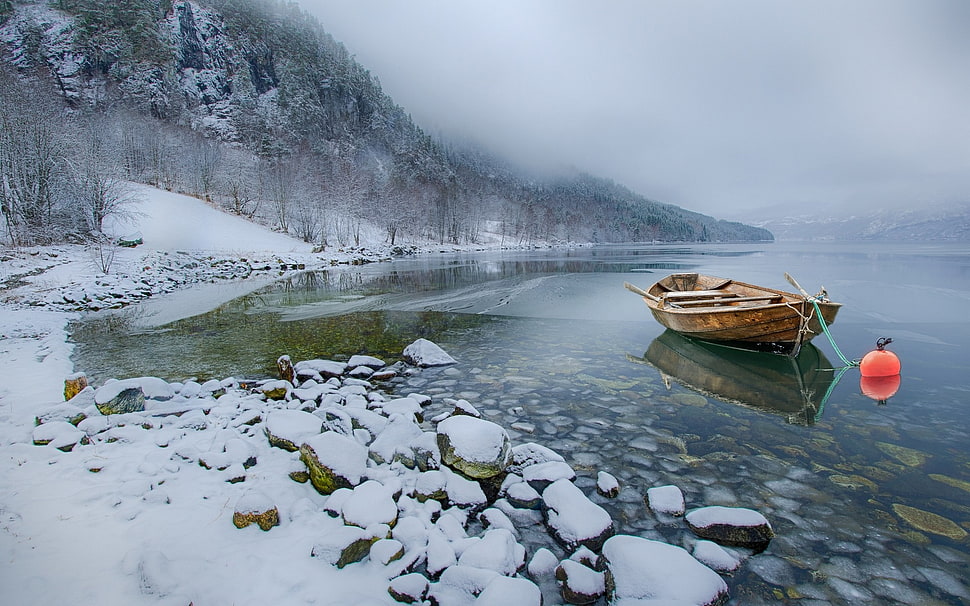 brown boat, nature, landscape, snow, lake HD wallpaper
