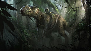 man riding dinosaur digital wallpaper, dinosaurs, fantasy art, artwork HD wallpaper