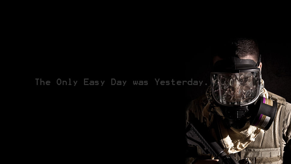 black gas mask with text overlay, apocalyptic, gas masks HD wallpaper