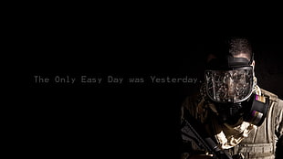 black gas mask with text overlay, apocalyptic, gas masks HD wallpaper