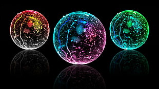 three red, green, and pink illuminated balls, abstract, colorful, reflection