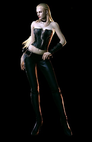 women's black leather top and leggings illustration