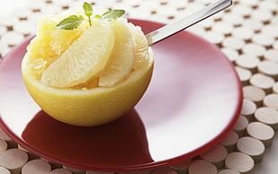sliced lemon served on red ceramic saucer