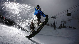 person wearing blue jacket and black pants with black snowboard
