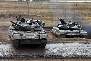 two gray battle tanks, T-80 tank, T-90, tank, military