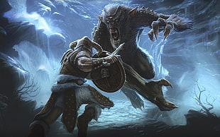 Viking fighting monsters illustration HD wallpaper