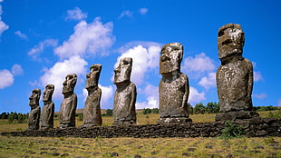 seven concrete human statues, landscape, Easter Island