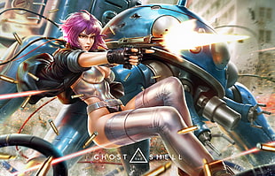 purple haired female Ghost in the Shell character illustration, fan art, digital art, Ghost in the Shell, Kusanagi Motoko