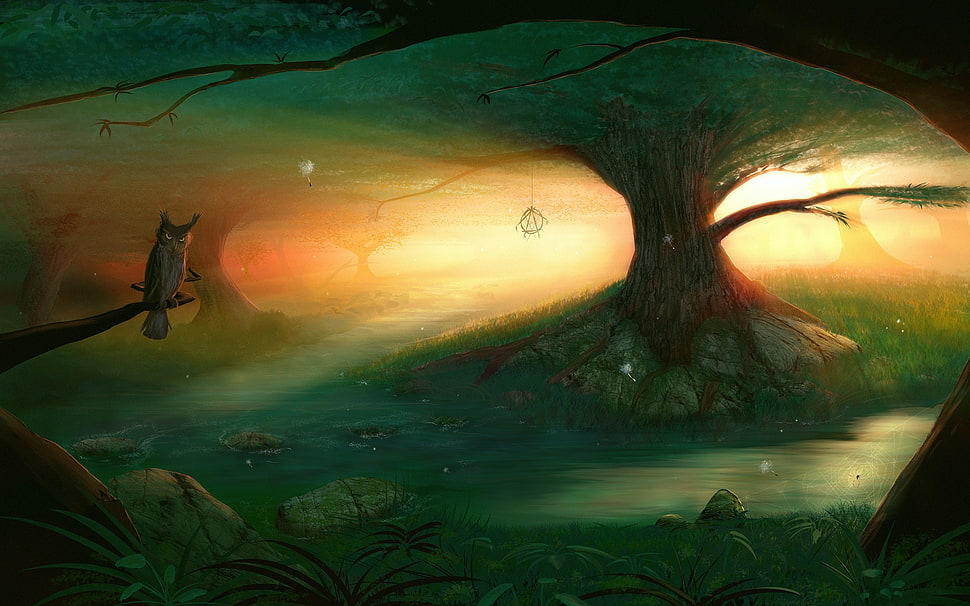 owl on tree illustration, digital art, animals, fantasy art, owl HD wallpaper