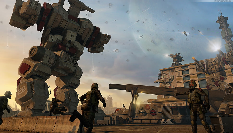 gray robot fighting with soldiers illustration HD wallpaper