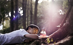 man prone lying on grass looking lighted cake at daytime HD wallpaper