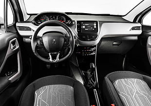 photography of black Peugeot car steering wheel
